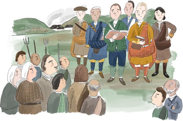 gaelic-scotland-clearances Illustration: Groups of people during Highland Clearnaces