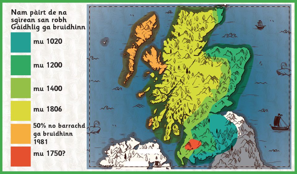 scotland-map-gaelic Atharraichean sna sgìrean san robh Gàidhlig ga bruidhinn 1020-1981